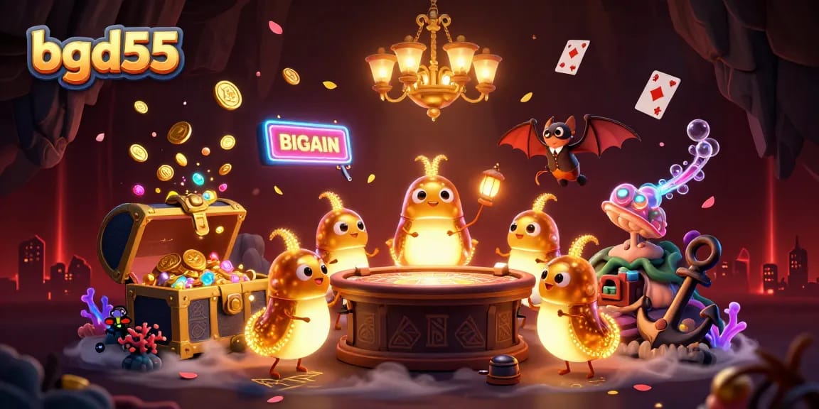 Engage with bgd55's vibrant casino scene, showcasing glowing elements and gambling excitement.