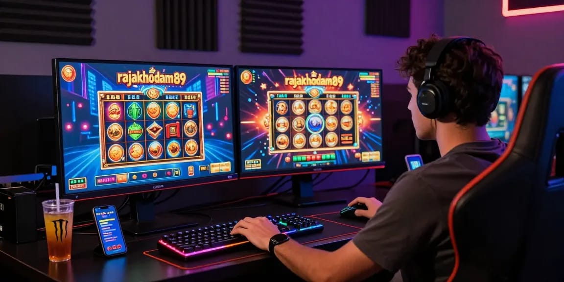 Player enjoying rajakhodam89 slot at a stylish gaming setup with vibrant graphics.