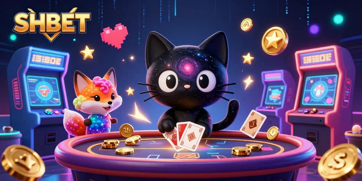 Engage with SHBET's vibrant casino scene featuring an interactive cosmic black hole cat and colorful gas fox.