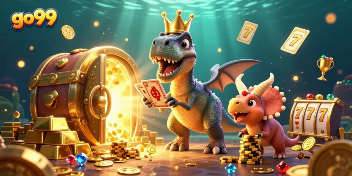 Engage with go99's thrilling slots as a cartoon dinosaur stacks chips and shuffles cards.
