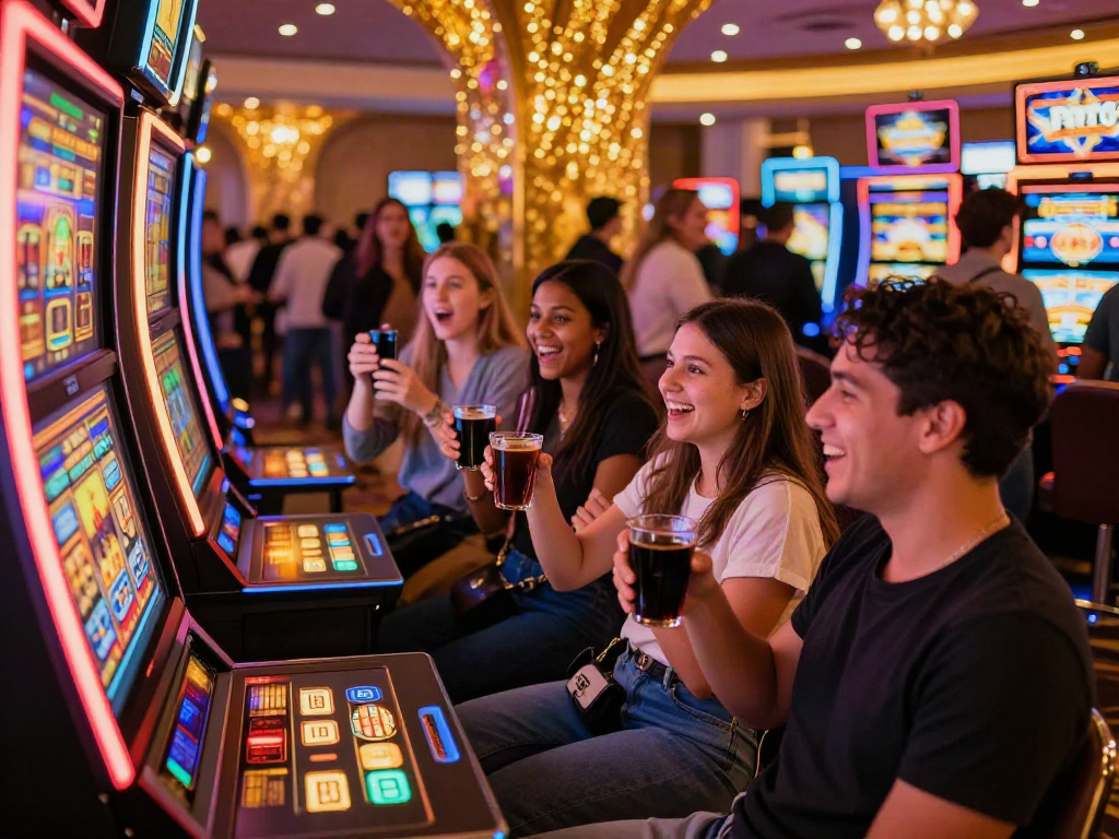 Friends celebrating a win at a colorful slot machine in a vibrant casino atmosphere.