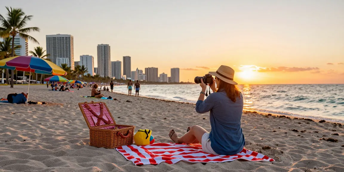 Pengunjung https://miami4d.com/ menikmati suasana pantai Miami saat matahari terbenam, suasana ceria dan hangat.