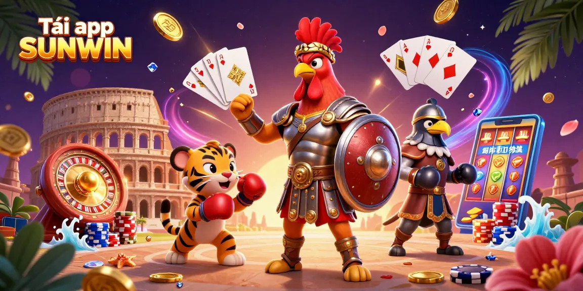 Tải app SUNWIN to enjoy thrilling casino experiences with a vibrant illustration of a gladiator rooster amidst lively gaming elements.