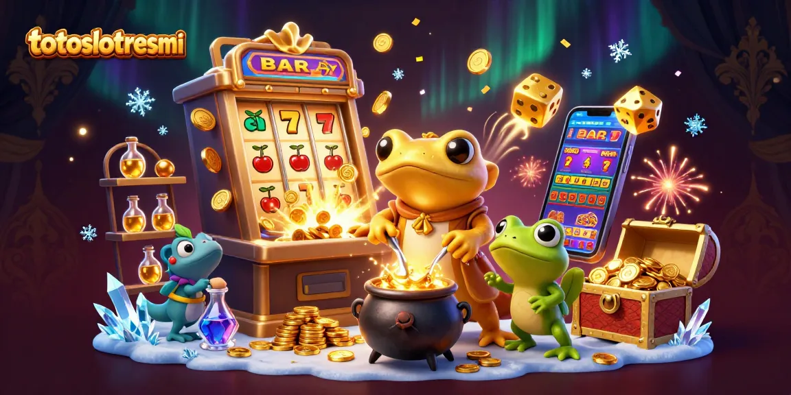 Engage with totoslotresmi in a vibrant 3D casino scene featuring alchemists and jackpots.