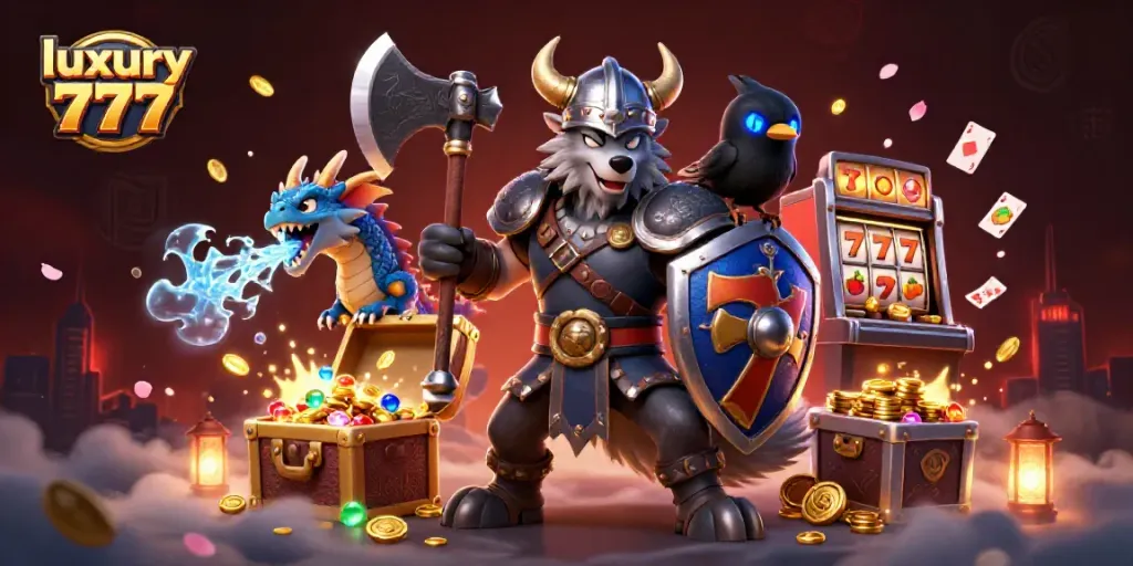 Experience the thrill of luxury 777 with a Viking warrior and dragon in a vibrant casino scene.