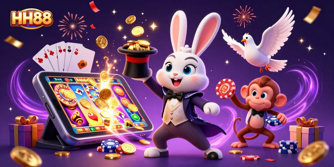 Experience the thrill of HH88 with a magician rabbit, dove, and monkey in a vibrant casino scene.