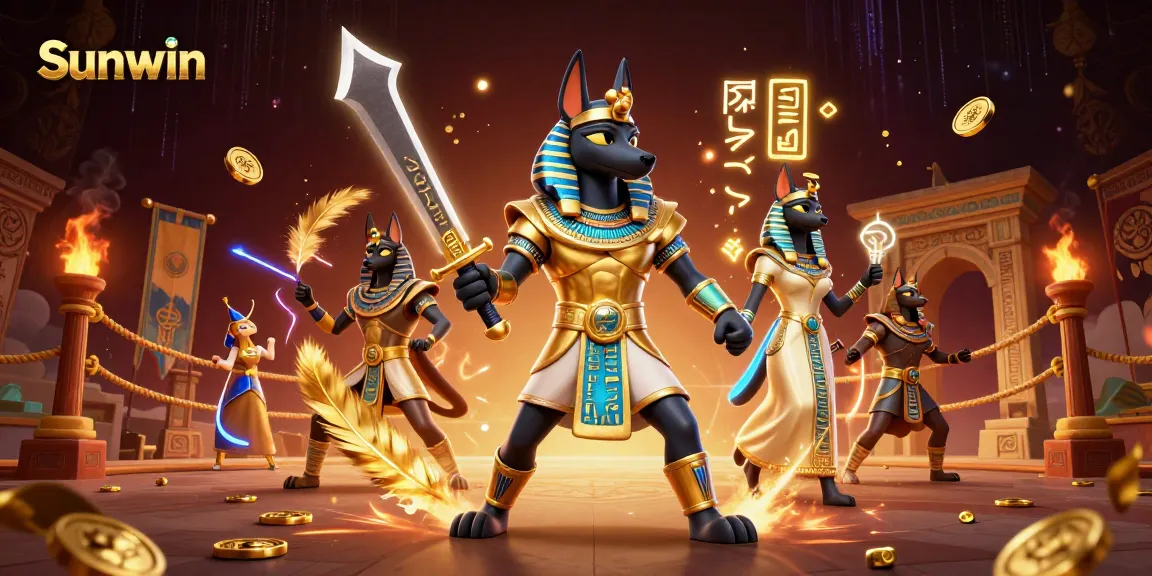 Activate your gaming strategies at Sunwin with Anubis and Bastet amidst rich casino visuals.
