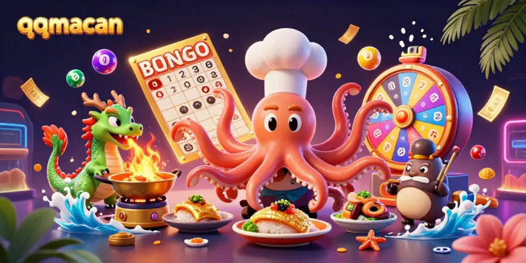 Engage with qqmacan’s dynamic casino scene showing a sushi chef octopus, a dragon, and a tanuki amidst vibrant lottery elements.