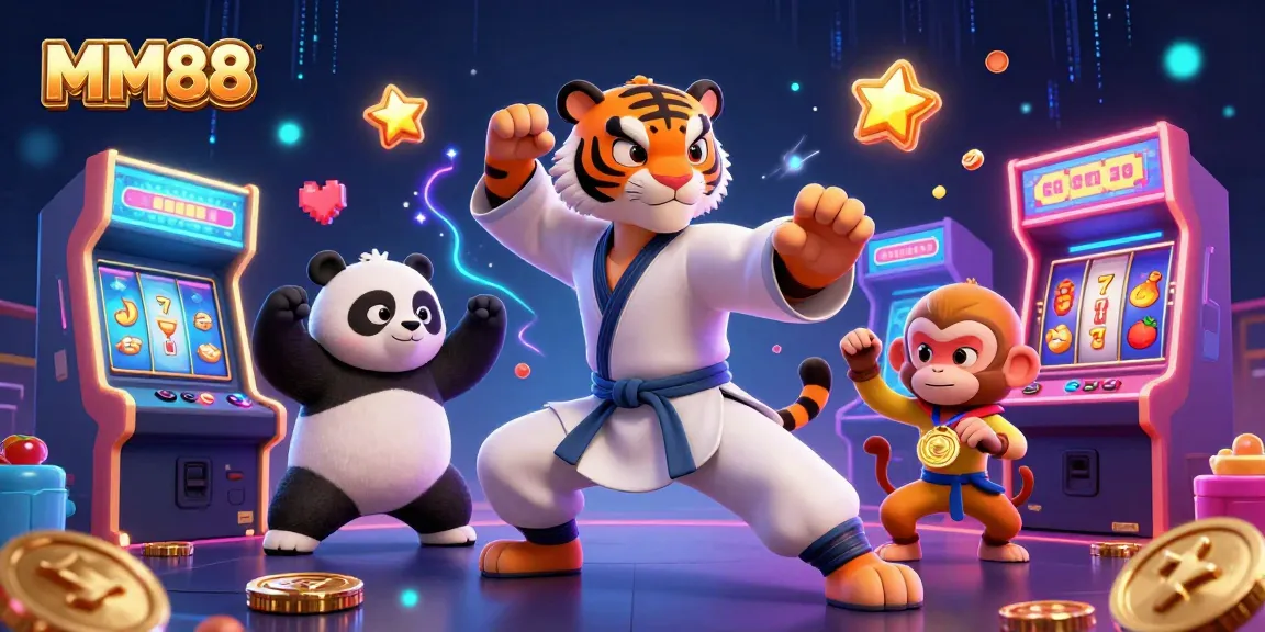 Engage in thrilling gameplay at MM88's vibrant casino scene with festive characters and neon elements.