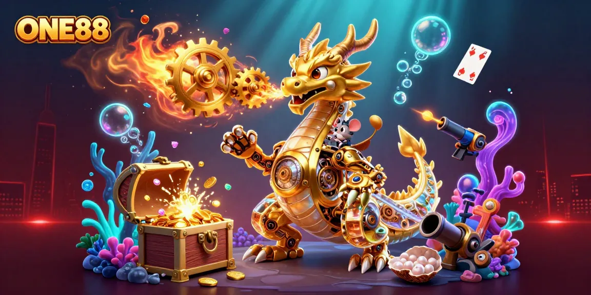 Experience the thrilling world of ONE88 with a dazzling golden dragon and interactive gaming elements.