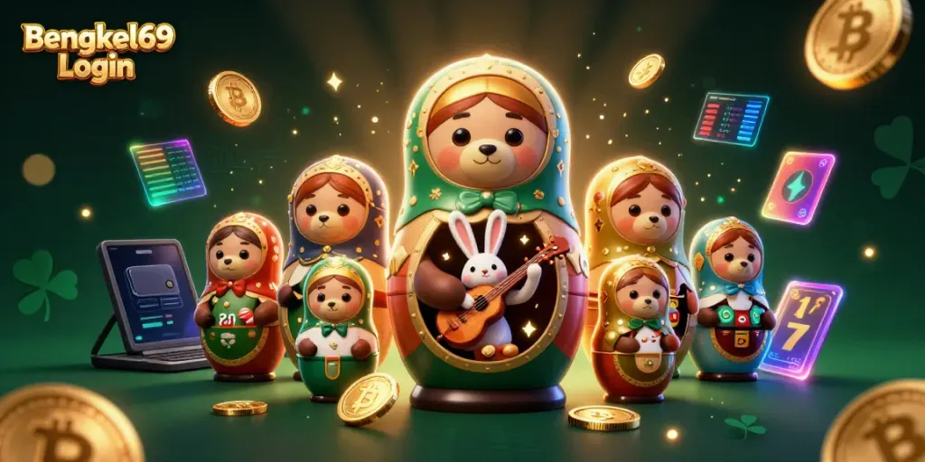 Experience the thrill of Bengkel69 Login with colorful characters, casino elements, and digital coins.