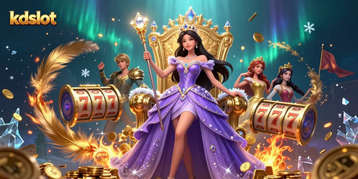 Spin the reels at kdslot, showcasing a stunning Asian princess amid jackpots and golden coins.