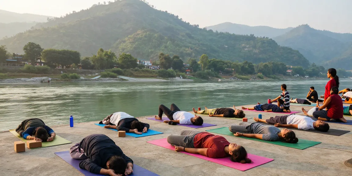 Group practicing 200 hour yoga teacher training in Rishikesh, by the sacred Ganga River in serene morning light.