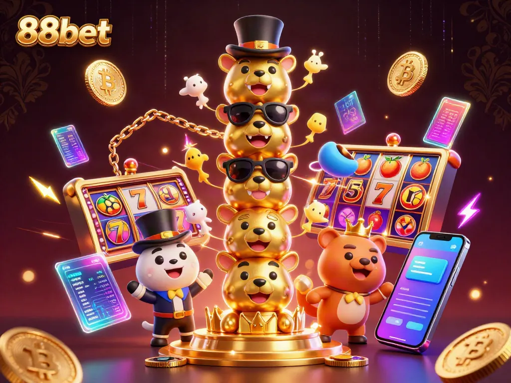 Experience thrilling wins with vibrant 88bet casino symbols and crypto elements in a dynamic 3D illustration