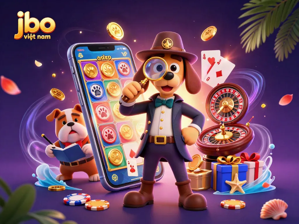 Engage with jbo việt nam's thrilling slot adventures as a detective uncovers golden poker chip clues amidst festive casino elements.