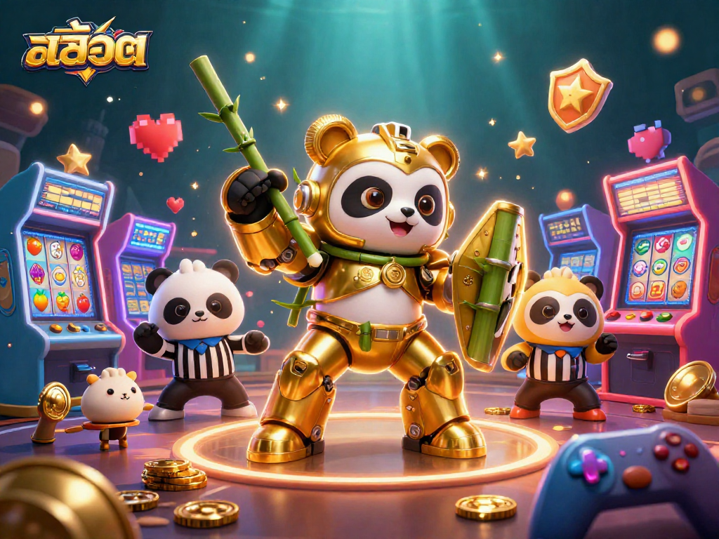 Engage with สล็อต through a dynamic 3D illustration featuring colorful slot reels and a panda warrior in action.
