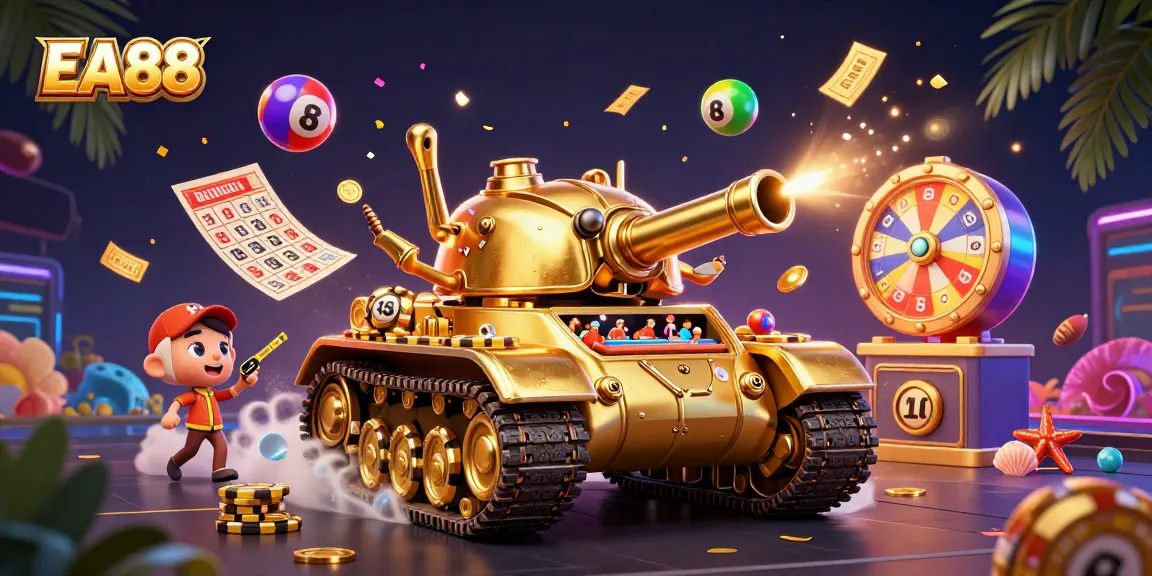 Experience the joy of EA88's casino inside a golden beetle tank filled with vibrant gaming elements.
