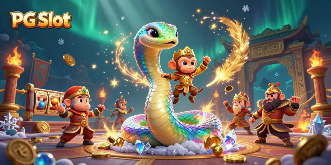 Experience PG Slot excitement with a vibrant scene featuring a rainbow serpent, golden monkey king, and swirling golden tokens.