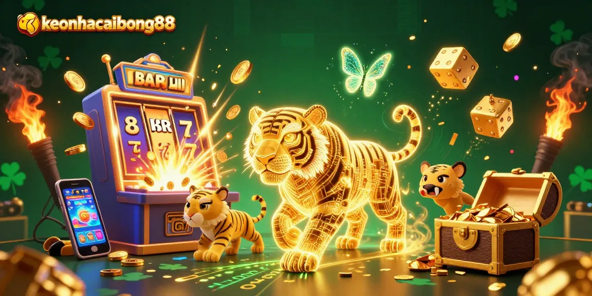Experience engaging gameplay with keonhacaibong88's vibrant 3D casino illustration, featuring jackpots and excitement.