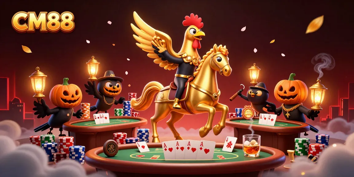 Experience CM88's dynamic casino world with golden rooster characters and poker action.