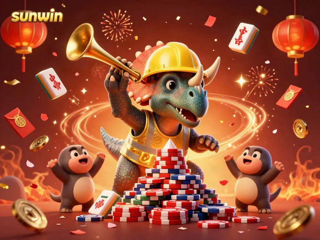 Celebrate your wins at Sunwin with vibrant 3D characters and dynamic casino-themed elements in this illustration.