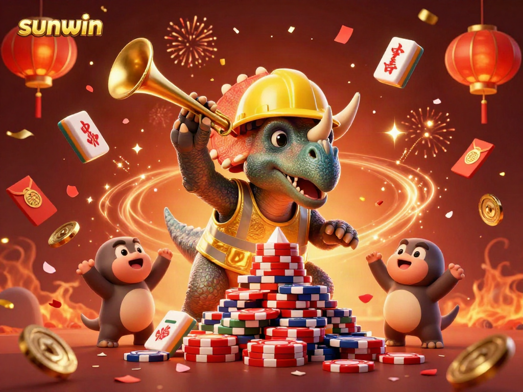 Celebrate your wins at Sunwin with vibrant 3D characters and dynamic casino-themed elements in this illustration.