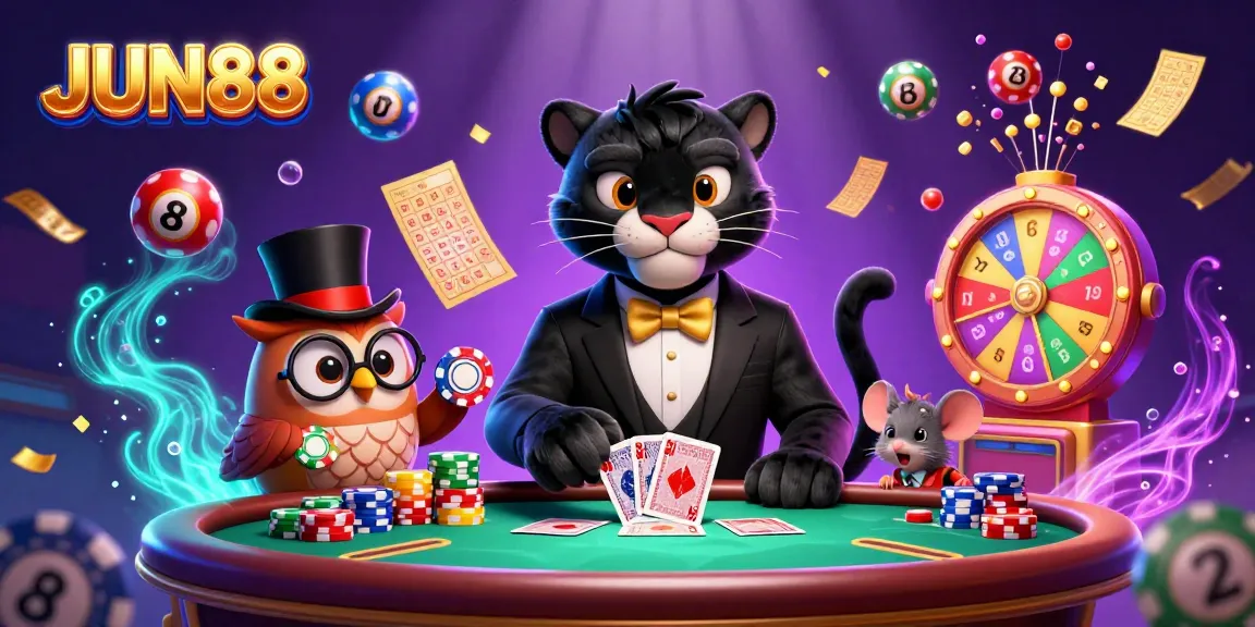 Engage in thrilling card dealing action at JUN88 Casino featuring a panther dealer, colorful chips, and vibrant casino elements.