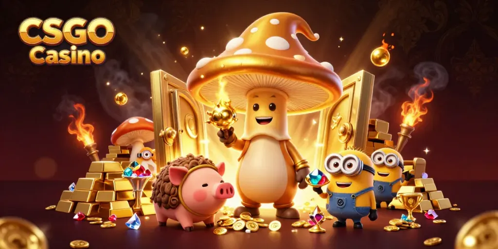 Magical CSGO Casino scene with a golden mushroom wizard, treasure vault, and jewels