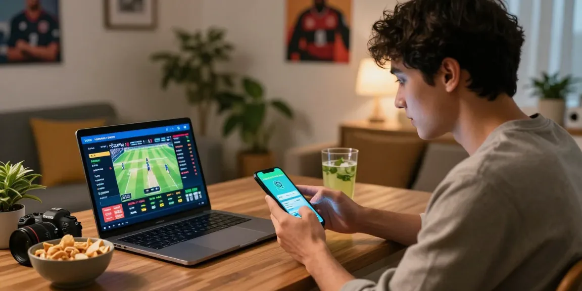 Engaging user exploring the FairPlay app for cricket betting on a smartphone in a cozy setting.