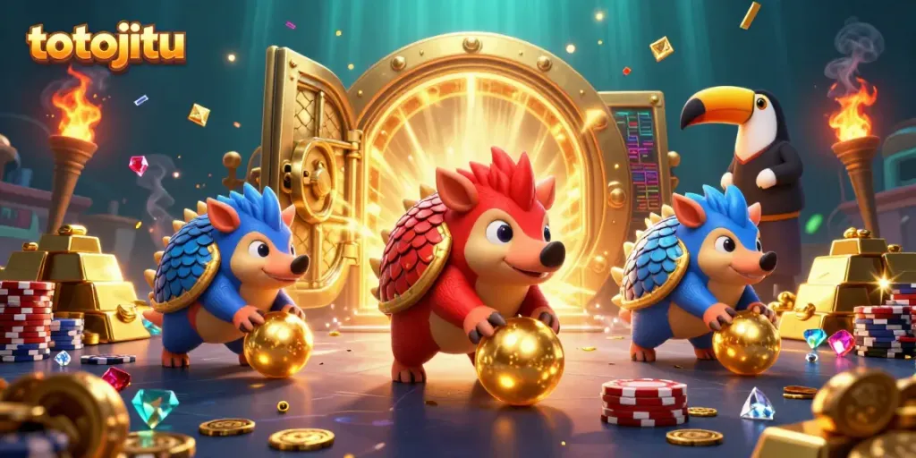 Engage with the thrilling totojitu scene of rival pangolins in a vibrant 3D casino environment.