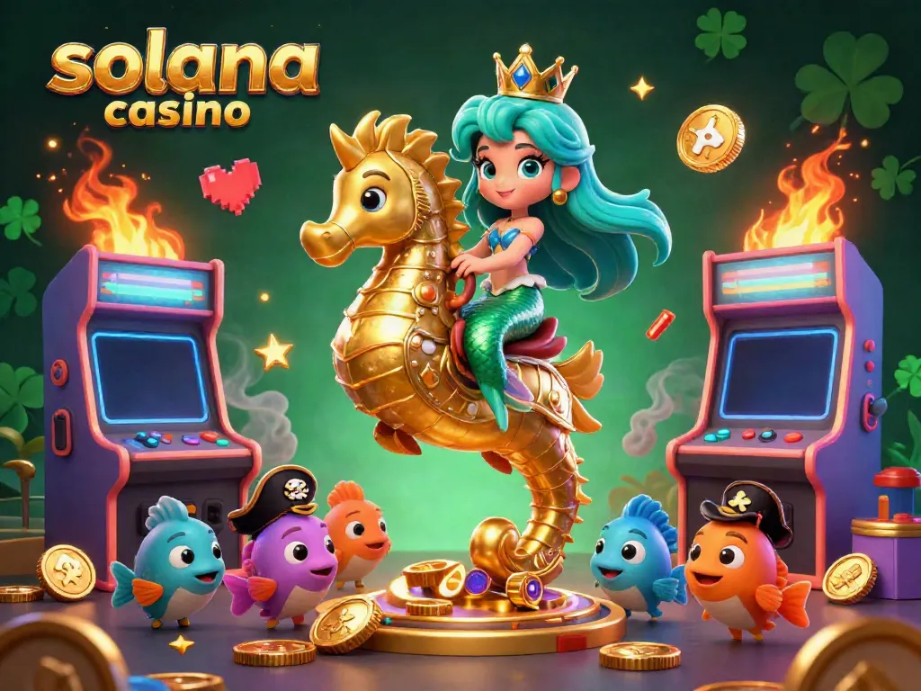 Experience the solana casino with vibrant 3D elements, featuring a magical mermaid and golden seahorse in action.