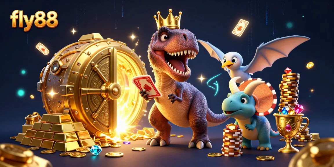 Fly88’s T-Rex shuffles cards with gems and gold surrounding a treasure vault in a playful casino scene.