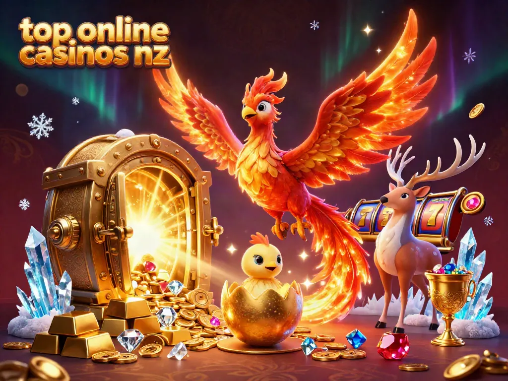 Engaging scene showcasing top online casinos nz with phoenix themes, gold treasures, and vibrant details