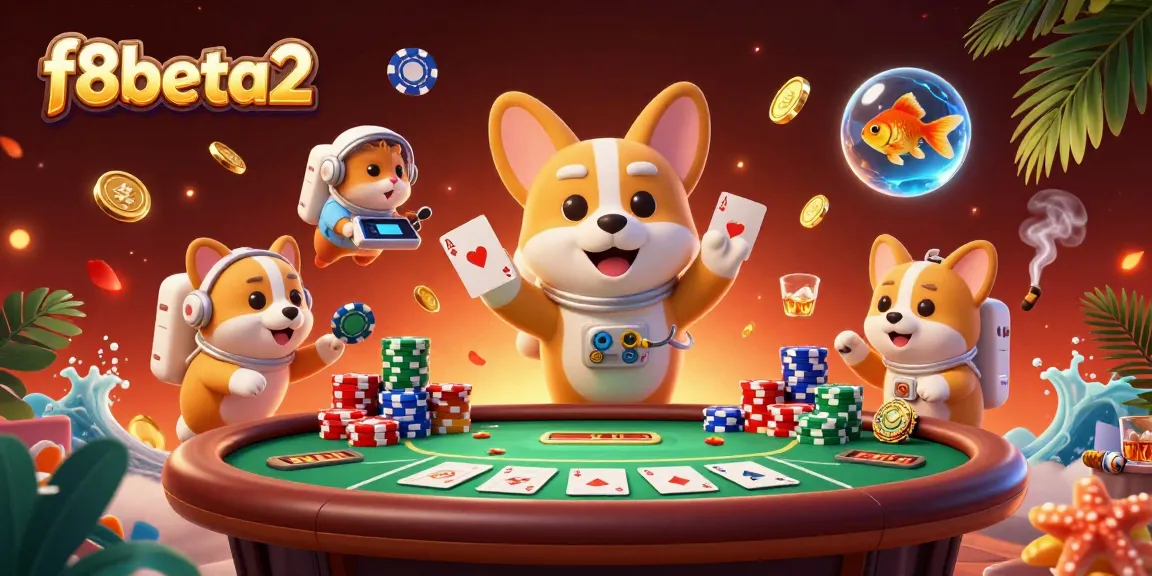 Engage with f8beta2 and win at the vibrant space station casino, featuring floating corgi and colorful chips.