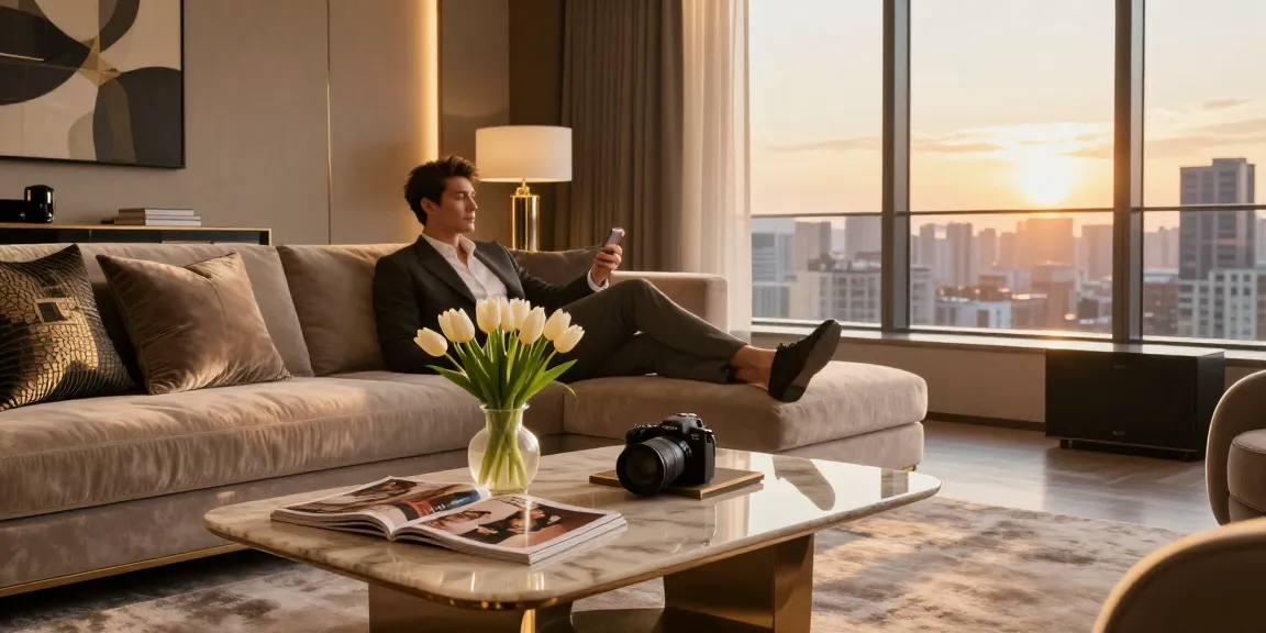 Gaya hidup LUXURY 111 di ruang tamu modern saat matahari terbenam, nyaman dan elegan.