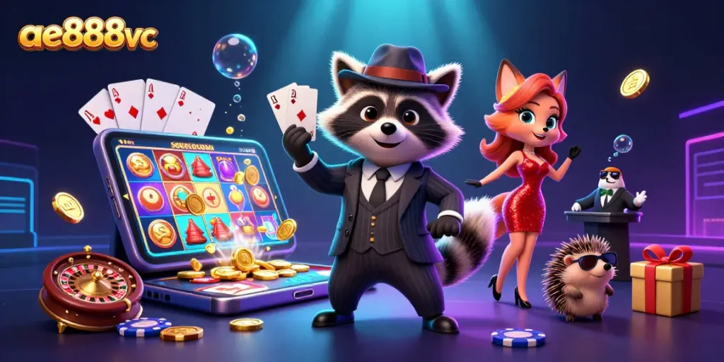 Engage in thrilling gameplay at ae888vc, showcasing a suave raccoon, charming fox, and bouncer in an exciting casino scene.