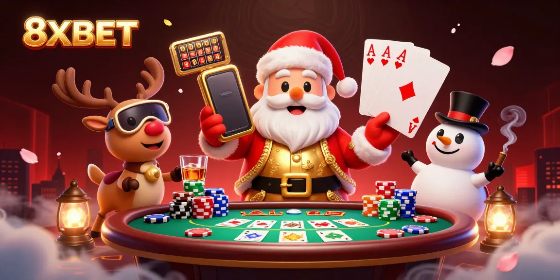 Engage with 8XBET's thrilling casino scene featuring Santa Claus and festive elements.