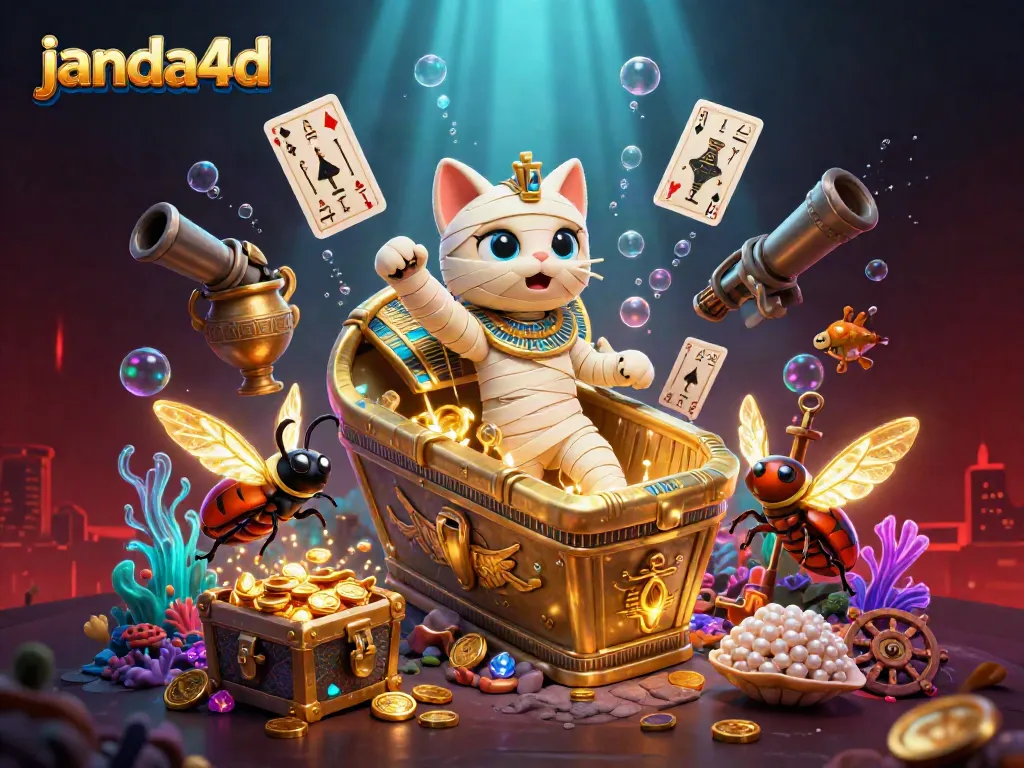 Gambarkan pengalaman bermain di janda4d dengan kartun mummy kucing dan elemen permainan yang menarik.