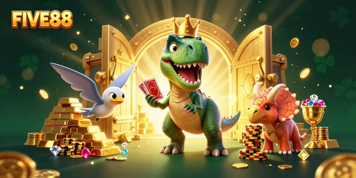 Experience thrilling gameplay with FIVE88's T-Rex shuffling cards amidst a treasure trove of slots.