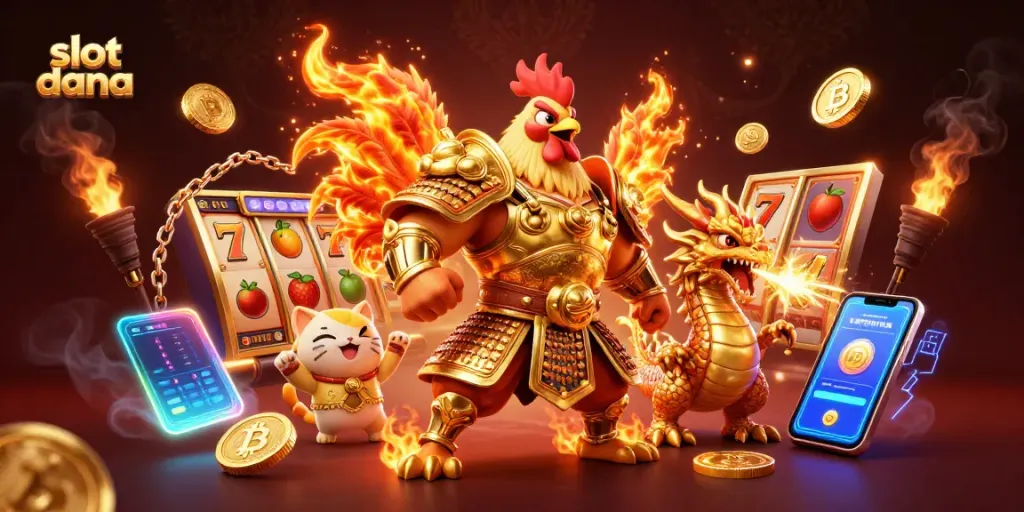Slot dana yang penuh semangat menampilkan karakter pejuang ayam dan naga serta elemen mesin slot.