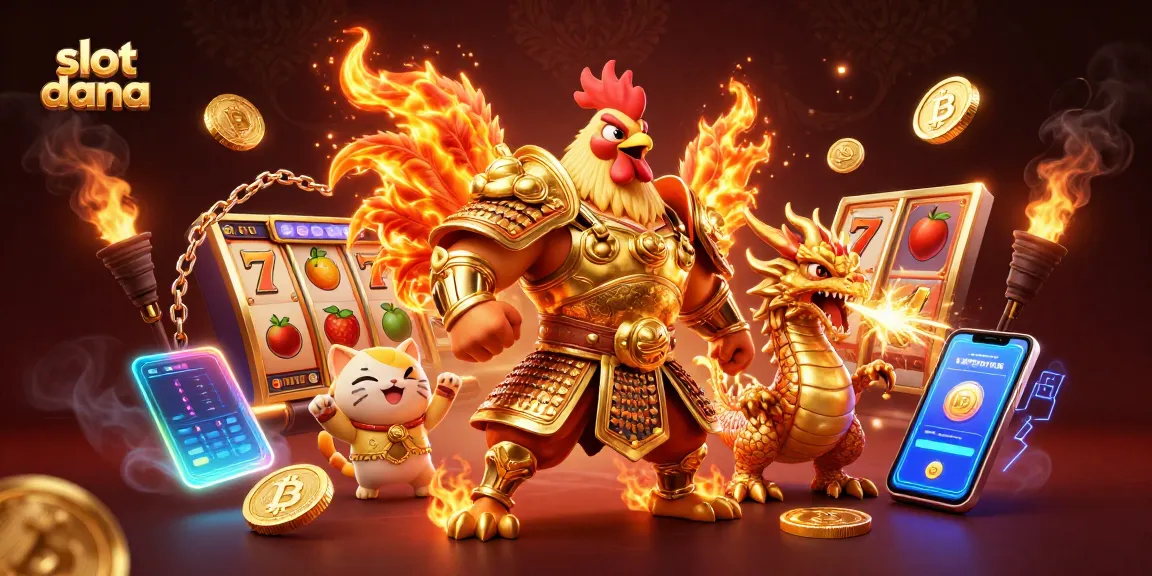 Slot dana yang penuh semangat menampilkan karakter pejuang ayam dan naga serta elemen mesin slot.