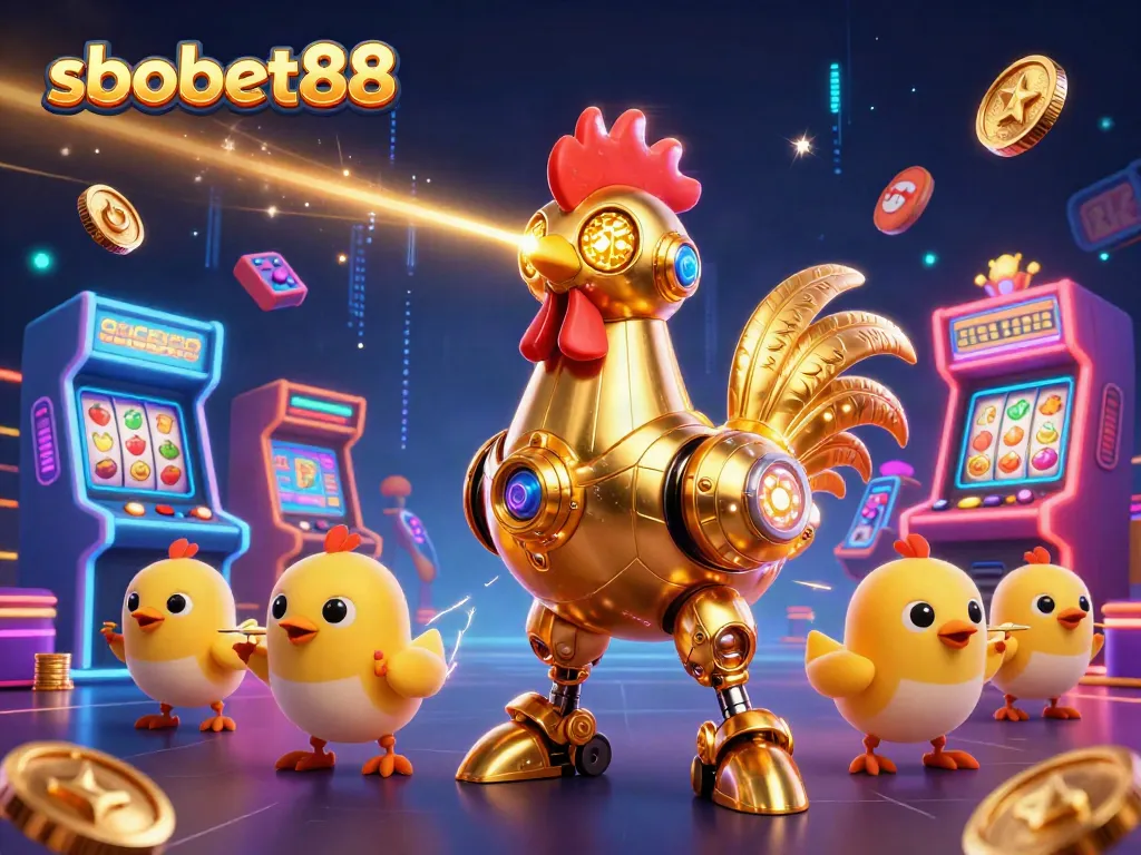 Engage with sbobet88 as a golden rooster robot leads a vibrant casino adventure.