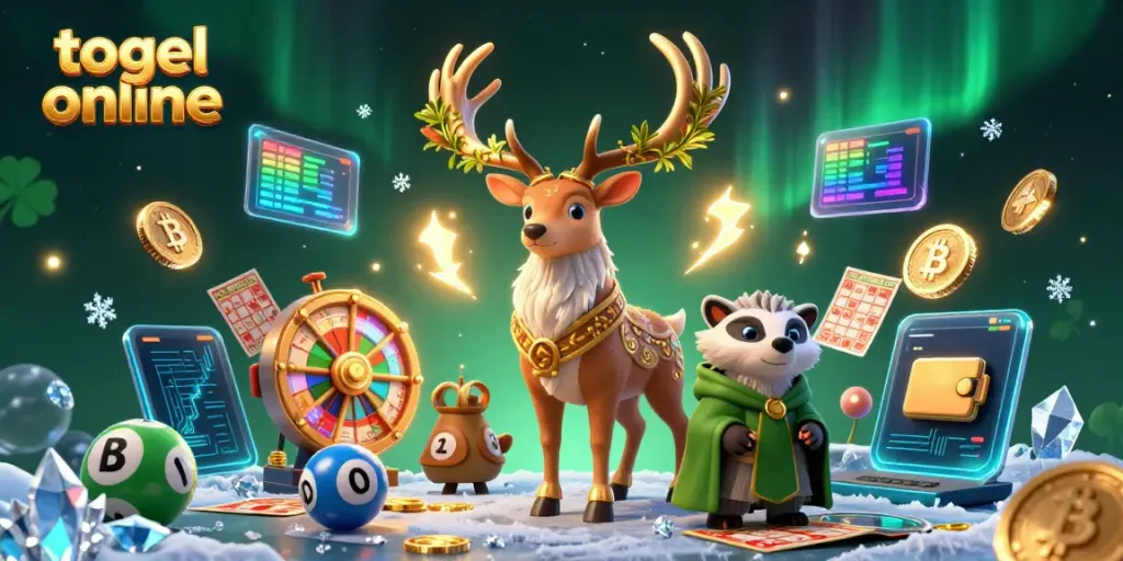 Permainan togel online menampilkan gambar ilustrasi karakter menarik dengan elemen lotere di sekitar.