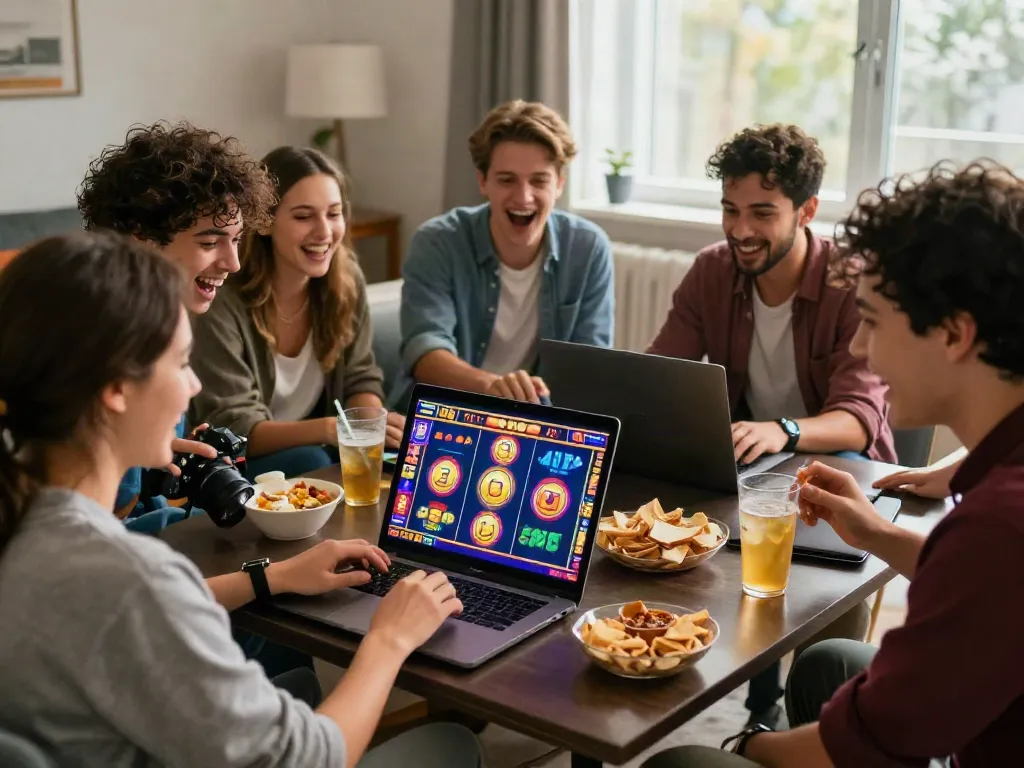 Akunjp friends enjoying online slot games together in a cozy living room.