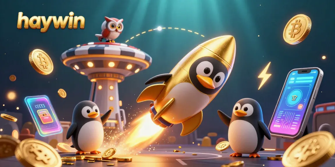 Experience the excitement at haywin with a rocket-powered penguin and golden coins in dynamic casino space.
