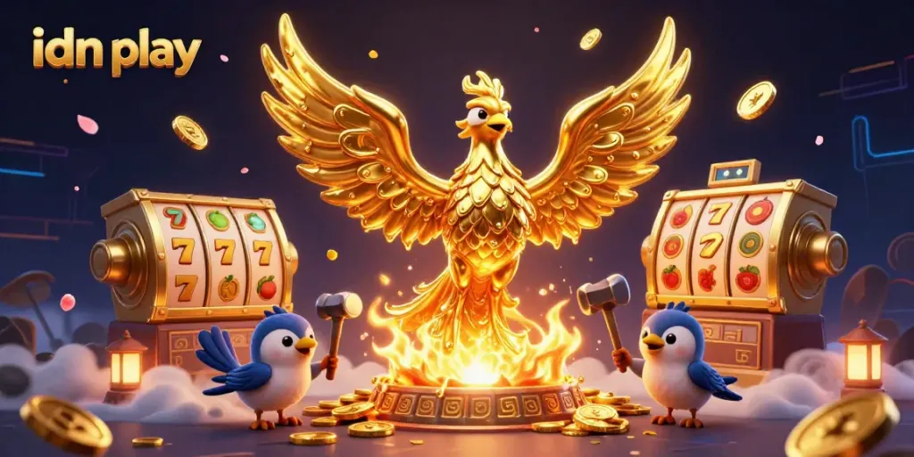 Engage with idn play's vibrant 3D casino scene featuring a golden phoenix and dynamic slot elements.