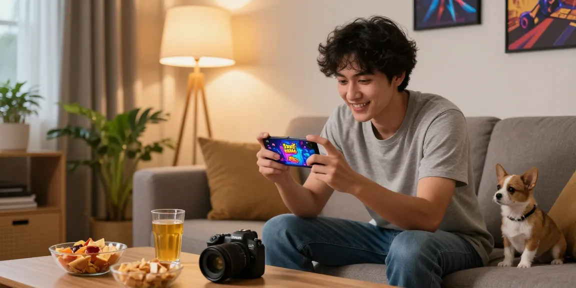Engaging scene of apk download on a smartphone with vibrant gaming graphics and snacks.