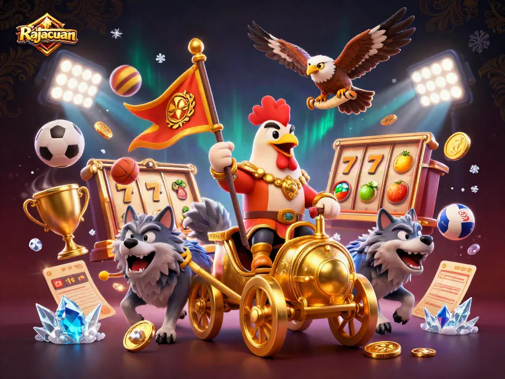 Rajacuan showcases a dynamic 3D casino scene with engaging slot elements and vibrant graphics.