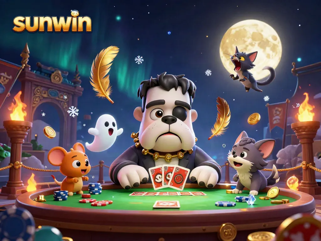 Engage with Sunwin’s thrilling card games at a spooky table with vibrant characters and dynamic elements.