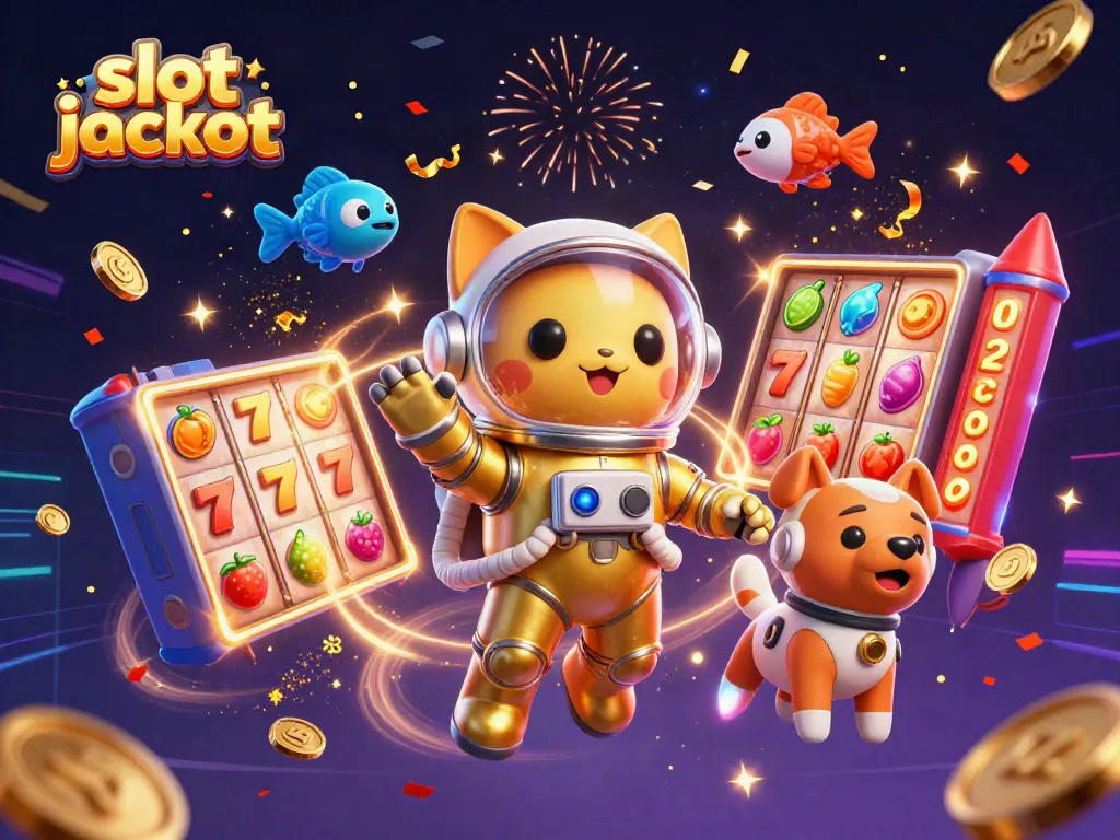 Menang besar dengan slot jackpot dalam ilustrasi 3D berwarna-warni menghadirkan kucing astronot dan anjing robot.